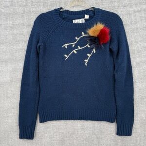 Field Flower Blue Knit Sweater Sz XS Y2K Fairy‎ Embroidered Floral Pom Angora